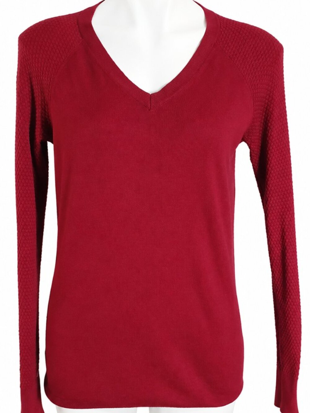 Small red sweater. LOFT v-neck, long textured sleeves. Casual Everyday Office